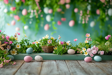 Easter backdrop for photo mini session in blue color with easter eggs and flowers