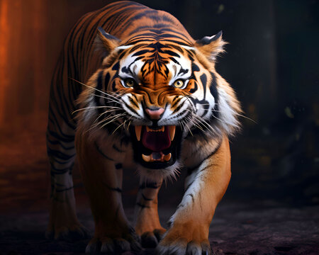 Portrait of a tiger standing on a dark background.