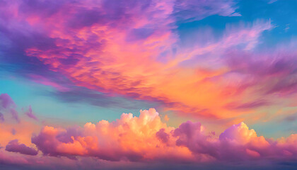 Obraz premium Vibrant abstract art of sunset sky and fluffy clouds sunset sky with hues of orange, pink, and purple creating a dramatic dreamy cloudscape.