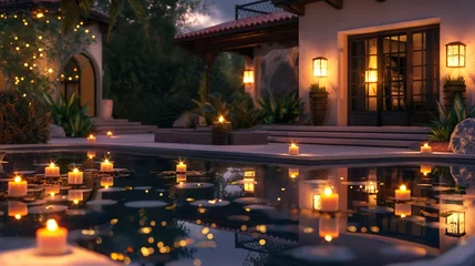 Tuinposter Evening tranquility captured in a high-definition image of a lavish pool, adorned with floating candles and surrounded by upscale landscaping © Captured Moments.Co