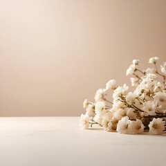 bouquet of white flowers on a white table and beige background