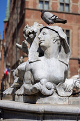 Neptune's Fountain Statue at Long Market  Street,  figures on a pedestal, Gdansk, Poland