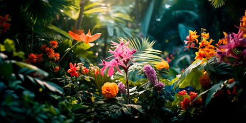 Obraz na płótnie Canvas Tropical forests intertwined with colorful flowers and plants. Generative AI