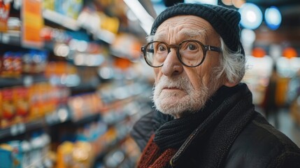 Elderly individual at a grocery store looking bewildered by the array of products, symbolizing the overwhelming choices faced by those with dementia - obrazy, fototapety, plakaty