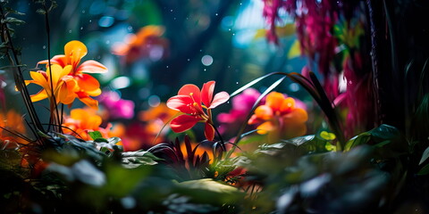 Tropical forests intertwined with colorful flowers and plants. Generative AI
