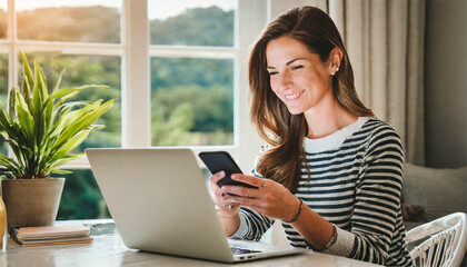 Captivating Image of Woman Multitasking with Mobile Phone and Laptop at Home - Balancing Technology and Relaxation in a Natural Setting - obrazy, fototapety, plakaty