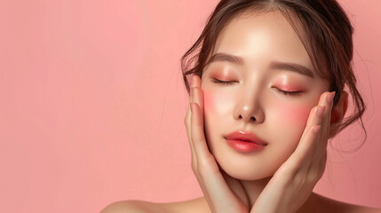beautiful asian korean woman close her eyes and touches her face with her hands. natural makeup skin of a young beautiful model plain background with copy space. cosmetic skin care concept.