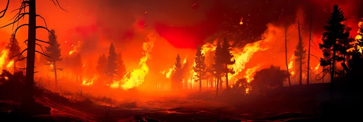 Papier Peint photo Lavable Rouge raging wildfire consuming a vast expanse of pristine forest, with flames reaching high into the sky. Generative AI