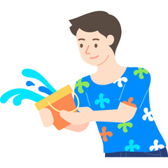 man playing songkran splashing water with bowl flat illustration for decoration, website, web, mobile app, printing, banner, logo, poster design, etc.
