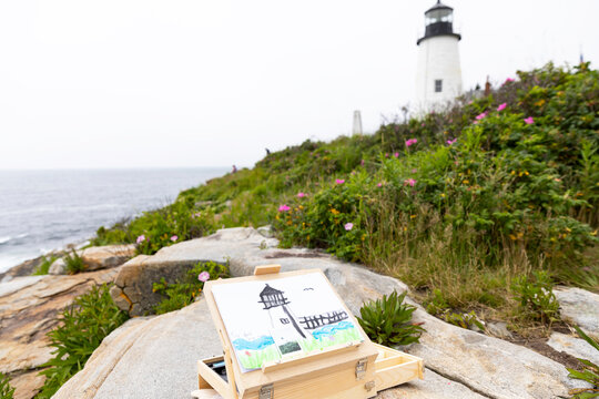 Lighthouse painting   Coast of Maine Summer with polaroid