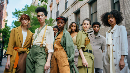 A diverse group of models showcasing eco-friendly fashion on a vibrant street corner
