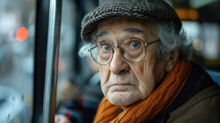 Tuinposter Elderly individual trying to navigate public transportation, looking confused and lost, depicting the challenges of mobility and orientation © Татьяна Креминская