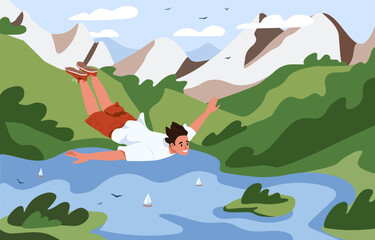 Happy guy goes land diving. Young man in extreme free falling above mountain landscape, water. Brave character jumping, flying in sky. Person flies in air. Freedom concept. Flat vector illustration