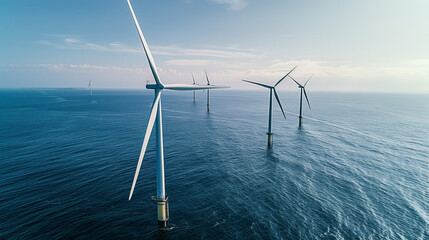offshore windmill park and a blue sky, windmill park in the ocean. Netherlands Europe - obrazy, fototapety, plakaty