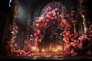 Beautiful pink flowers in the interior of the church. 3d rendering