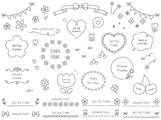 手描き風のかわいい春のフレームのベクターイラストセット。リボン、桜、花