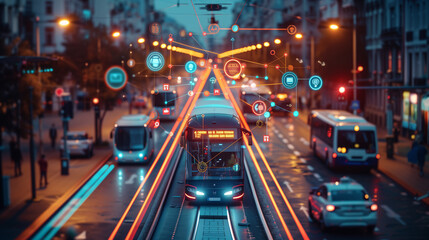 Transportation and technology concept. ITS Intelligent Transport Systems Mobility as a service. digital graphic icons, AI Artificial intelligence transport in a modern city evening