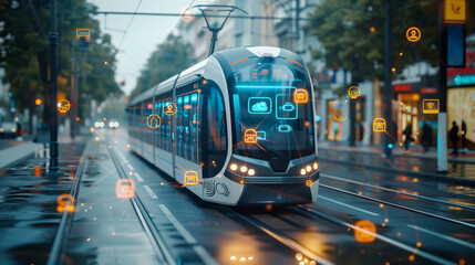 Modern city tram. Public Transportation and Technology Concept. ITS Mobility as a service. digital graphic icons, AI Artificial intelligence transport in a modern smart city - obrazy, fototapety, plakaty