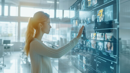 Digital contents concept. Social networking service. Streaming video. AI NFT. Non-fungible token. a woman touching a big floating screen with videos in a bright office