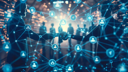 Business network concept. Management strategy. Human resources. a double exposure business man shaking hands with floating business icons around