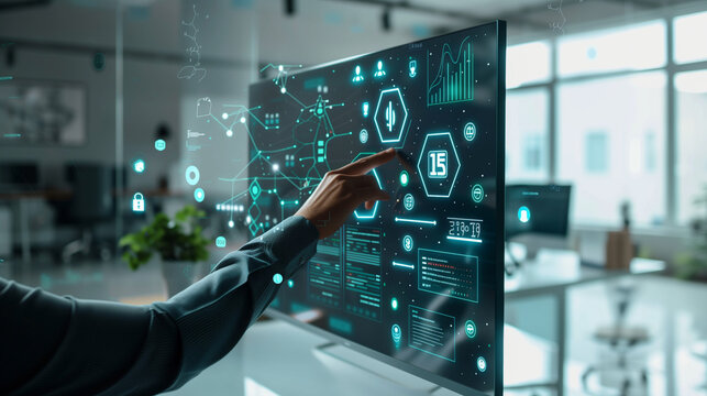 Digital transformation concept. System engineering. Binary code. Programming. a digital engineer touching a big screen in a bright office with floating icons around and charts to imagine 