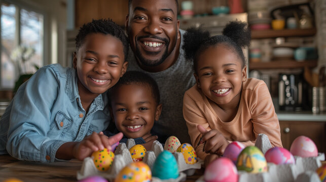  Black Dad with children with easter eggs in the kitchen, smiling kids with easter eggs ready for painting eggs 