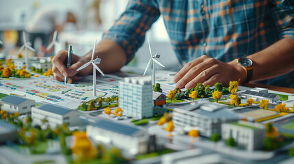 Engineer architect designing models of turbines, solar panels, and clean energy, discussing a clean energy city planning project with building models