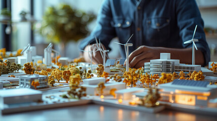 Smart caucasian engineers or project managers measure check, and inspect models of turbines, solar panels, and clean energy, discussing a clean energy city planning project with building models