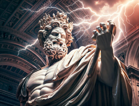 Statue of an ancient god from the greek mythology summoning an electric power with a strange artifact. Fantasy art.