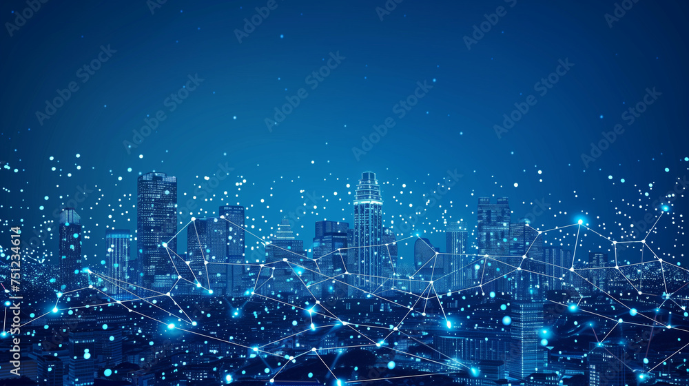 Fototapete smart city and abstract dot points connect with gradient lines and aesthetic intricate wave line des