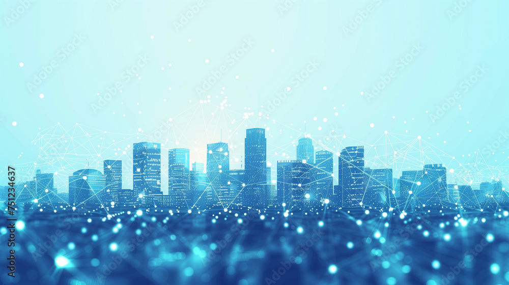 Poster smart city and abstract dot points connect with gradient lines and aesthetic intricate wave line des