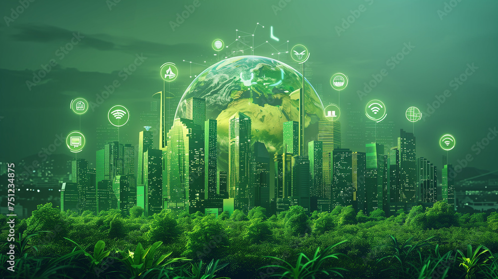 Wall mural Earth Day, environmental technology concept. Sustainable development goals. SDGs., Resource recycling. Recycling society. Green-tech Smart city  Internet of things AI