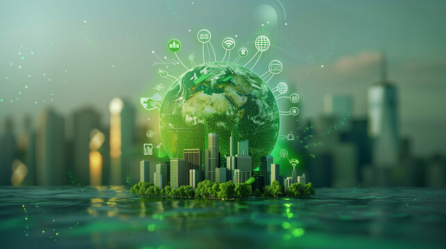 Earth Day, environmental technology concept. Sustainable development goals. SDGs., Resource recycling. Recycling society. Green-tech Smart City Web3, AI technology