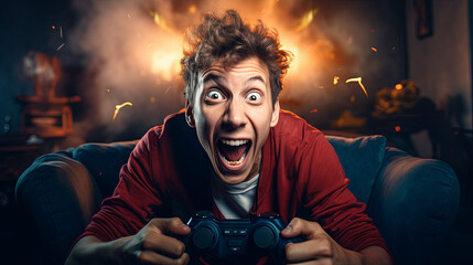 Portrait of crazy playful gamer playing video game sitting on sofa holding console gamepad. Video game addiction concept