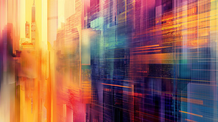 Abstract digital art of a cityscape with vibrant colors and dynamic motion blur, representing urban...