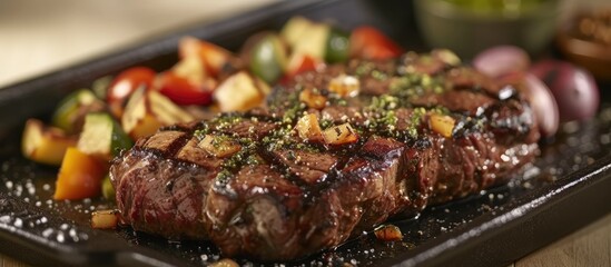 A plate of juicy ribeye steak and colorful vegetables, showcasing a triple treat of distinctive...