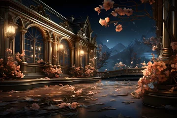 Tuinposter Fantasy landscape with lake and bridge at night. 3d illustration © Iman