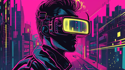 Detective traversing neon lit cityscape in 2120 seeking clues with futuristic tech goggles