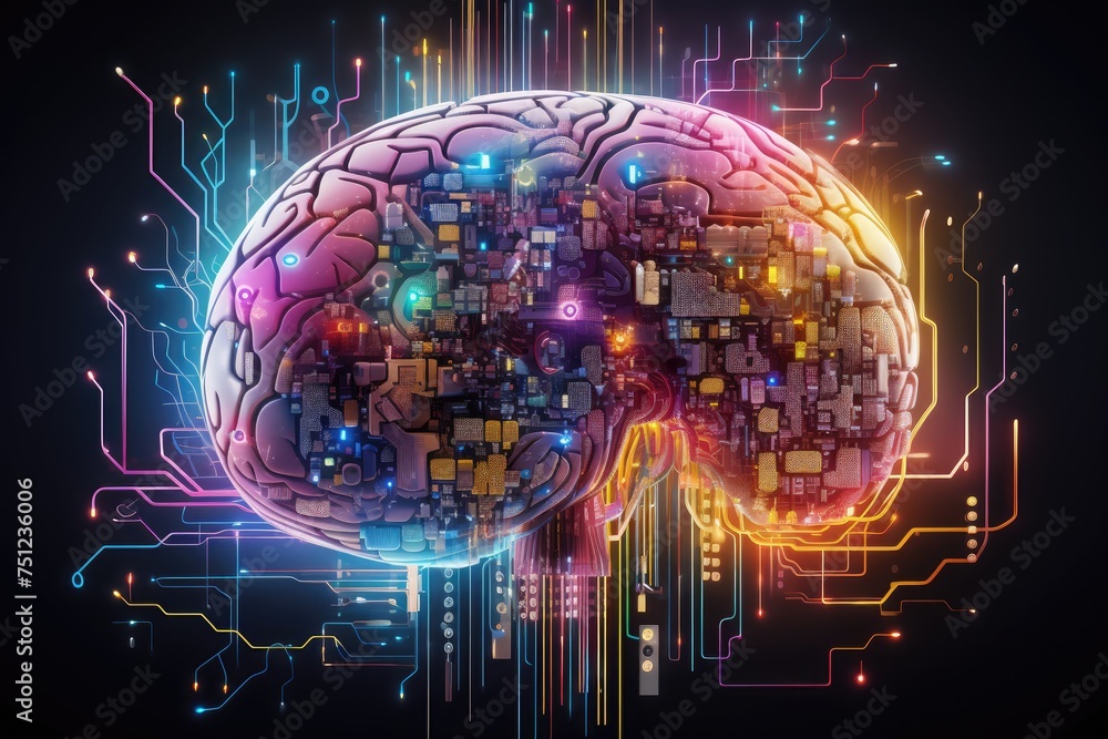 Poster photo line brain the background is circuit board and abstract dot point connect with gradient line, 