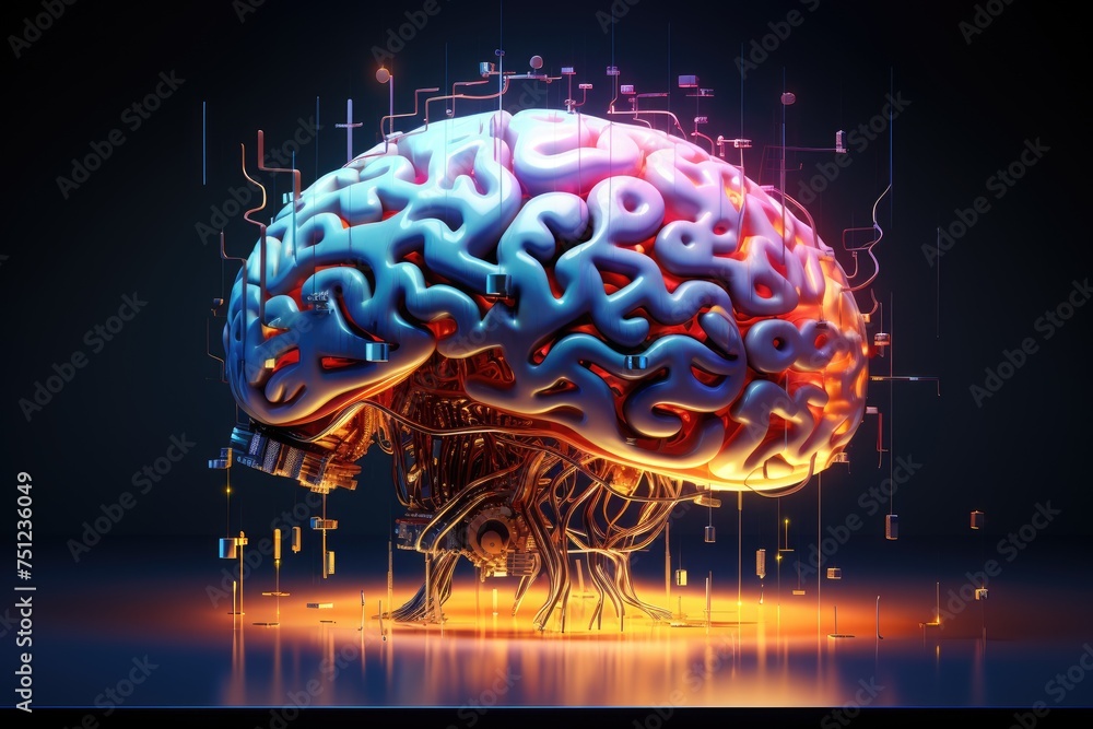 Poster photo line brain the background is circuit board and abstract dot point connect with gradient line, 