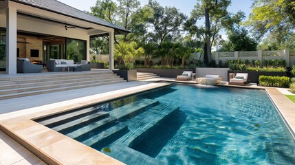 Extravagant leisure unfolds in an HD image of a modern pool, featuring underwater seating and surrounded by upscale landscaping - obrazy, fototapety, plakaty