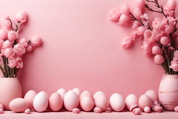 Fototapeta na wymiar Happy Easter, Easter eggs in soft pink color with pink spring flowers on a clean background