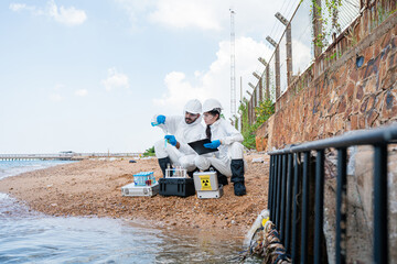 Scientists biologists and researchers in protective suits taking water samples from waste water...