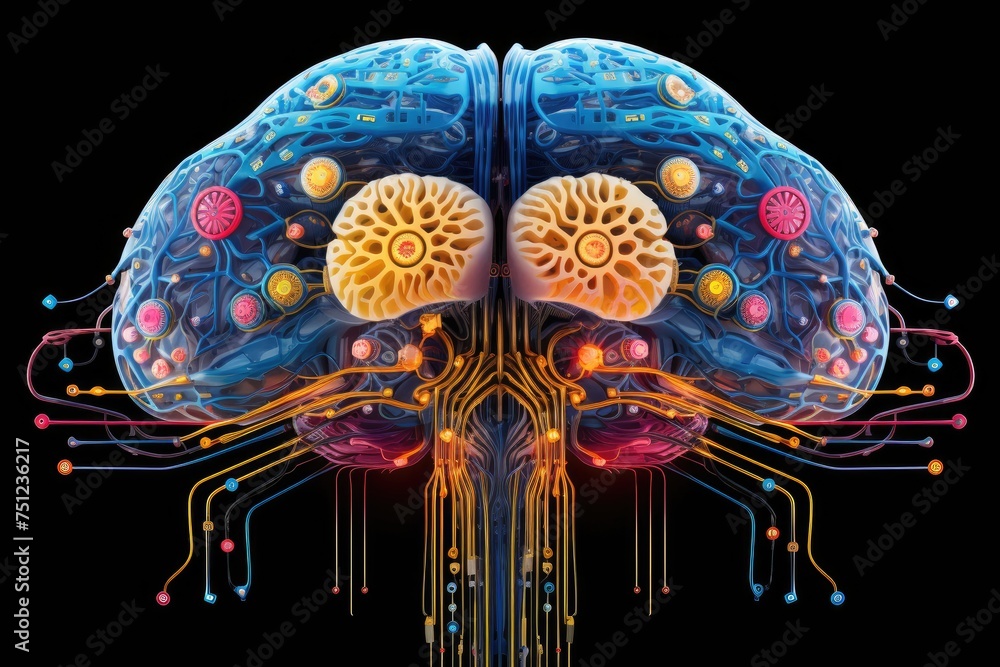 Poster photo line brain the background is circuit board and abstract dot point connect with gradient line, 