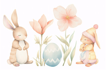 Watercolour Easter Bunnies With Colourful Easter Egg
