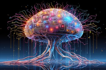 Vivid representation of a digital brain. human brain with lights, AI generated