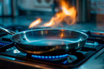 The empty frying pan on the stove with a flame - obrazy, fototapety, plakaty