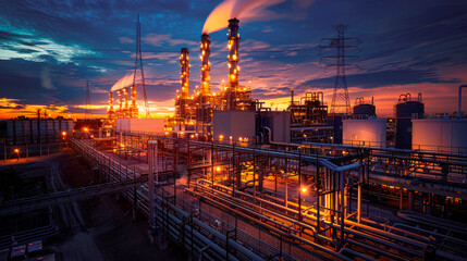 Oil refinery plant at sunset. Industrial landscape of petroleum and petrochemical factory with distillation column, drum and pipeline.