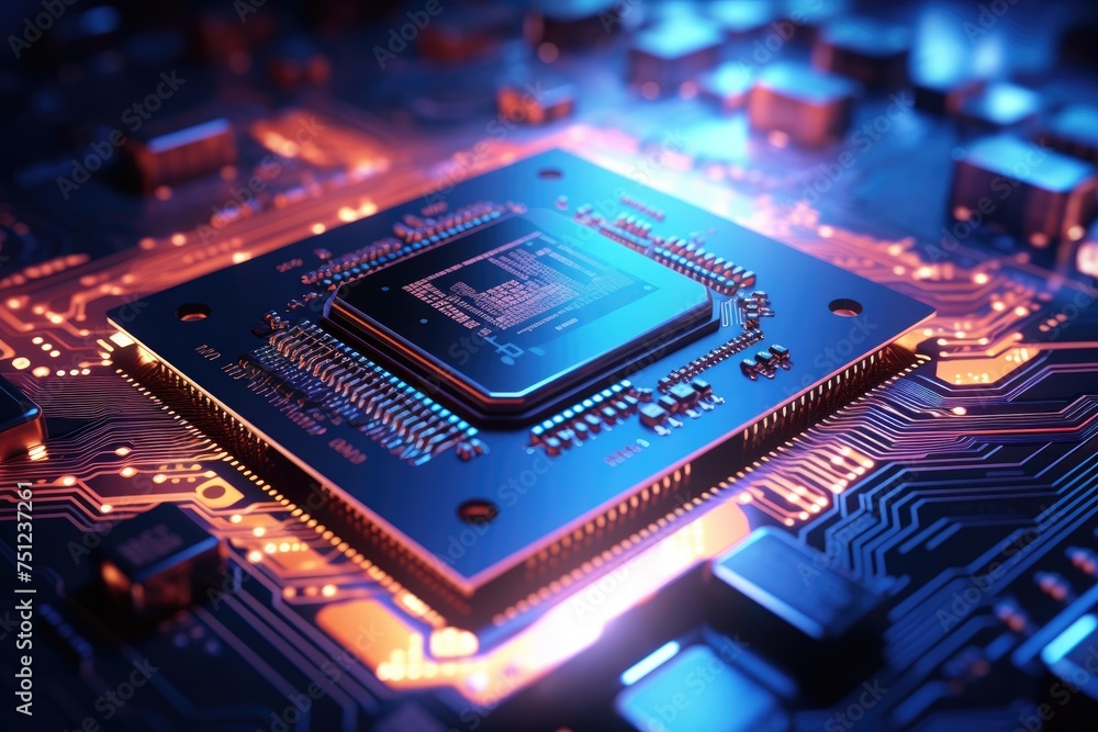 Poster close up of a cpu chip with glowing circuits. macro shot of electronic circuit board background, ai 