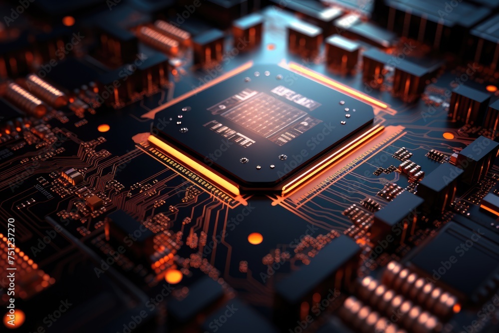 Poster close up of a cpu chip with glowing circuits. macro shot of electronic circuit board background, ai 